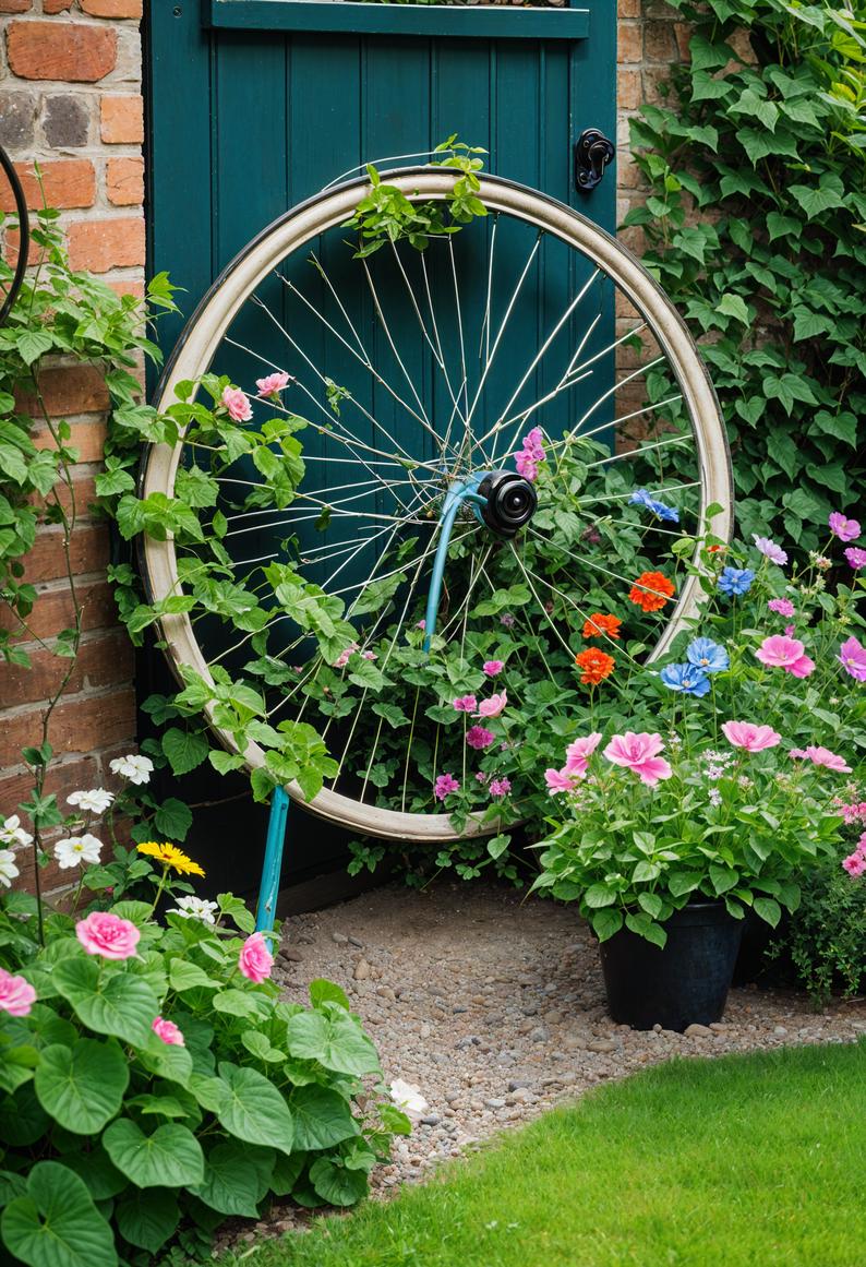 Rustic Bicycle Rim Plant Support 1 1